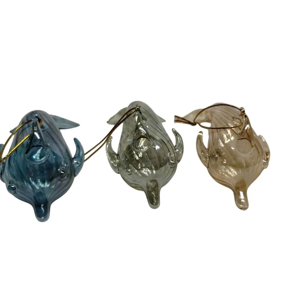 Hand Blown Glass Dolphin‎ Ornaments Set of 3 Iridescent Coastal Decor Nautical